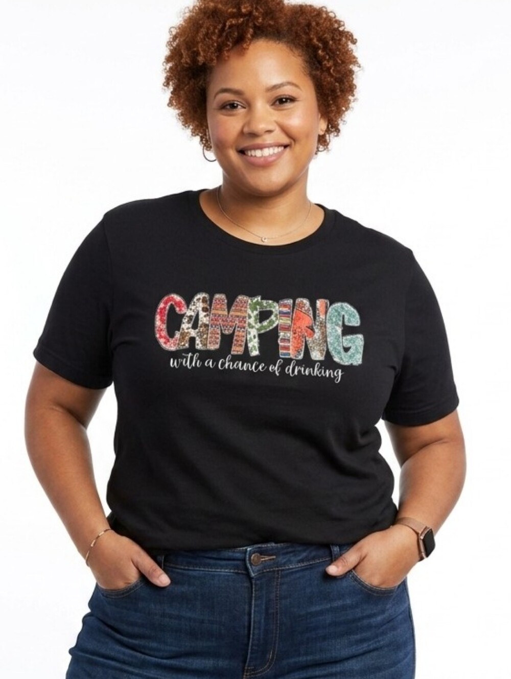 Black 'Camping' Graphic T-Shirt - Multicolor Lettering - Picture 1 of 6